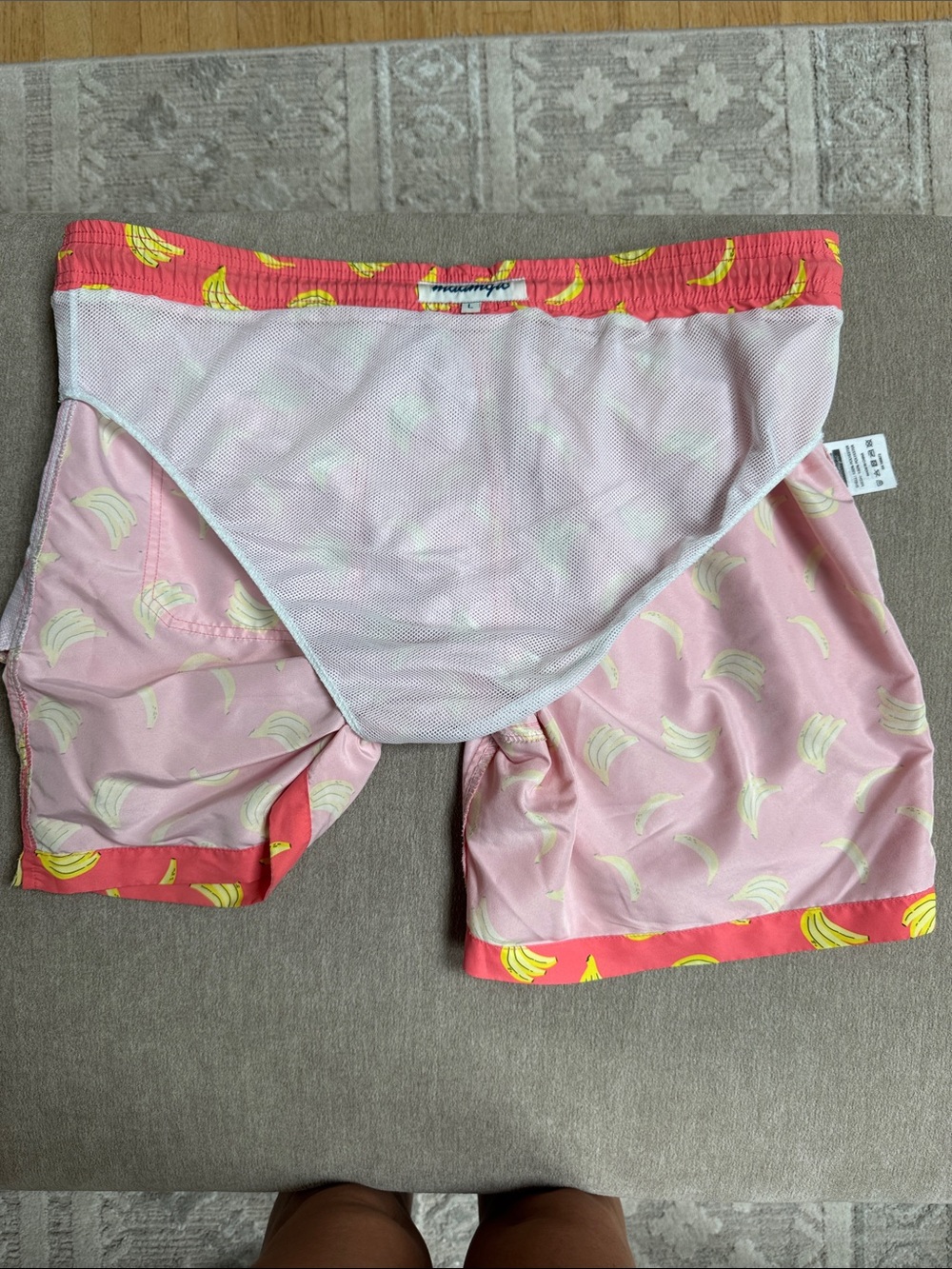 Coral Men's Swim Trunks with Yellow Banana Print - Picture 5 of 9